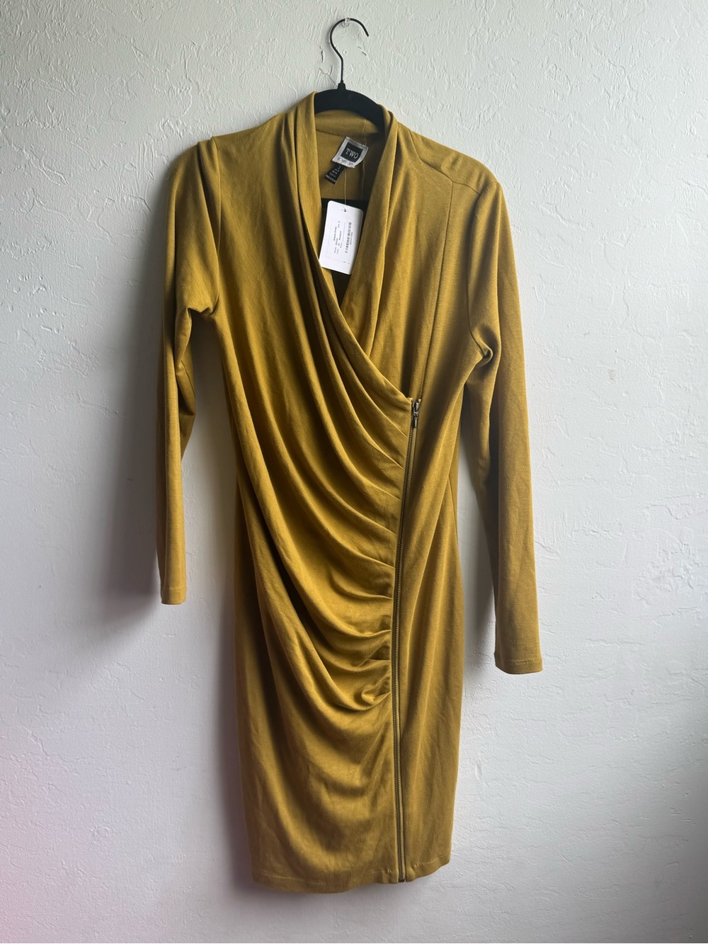 Two Ronen Chen Mustard Wrap Drape Sheath Dress size 10